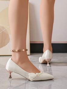 Fashionable Elegant Beaded Decor Pointed Toe High Heel Shoes - Beige - View 2