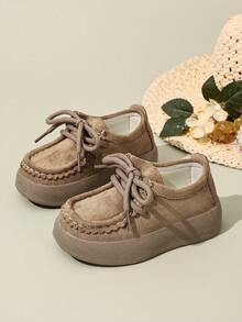Children's Vintage Lace-Up Suede Upper Moccasin Casual Shoes, Non-Slip Walking Shoes, Suitable For Girls' Daily Outdoor Wear And School Activities, Cute Matching Shoes - Khaki - View 9