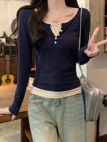 Women's New Long Sleeve T-Shirt, 2 In 1 Layering Top, Round Neck - Navy Blue - View 1