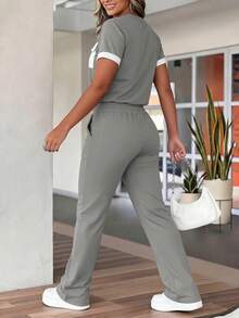 Women's Spring/Summer New Round Neck Short Sleeve T-Shirt And Casual Daily Elastic Waist Loose Long Pants 2-Piece Set, Fashionable Contrast Color Pocket Casual Home Sports Leisure Outfit - Grey - View 10