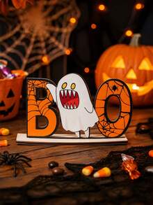 Halloween Tischdekoration: Cartoon Geist und Kürbis 3D Holzdisplay-Geisterfestival Heim-Esszimmertisch Ornament Cartoon Hexenhut, Geist und Kürbis Holz Tischdekoration-Halloween Dekoration mit "BOO" Buchstaben Holzschild - Halloween-Dekoration BOO Holzschild Tischaufsteller - Übersicht 1