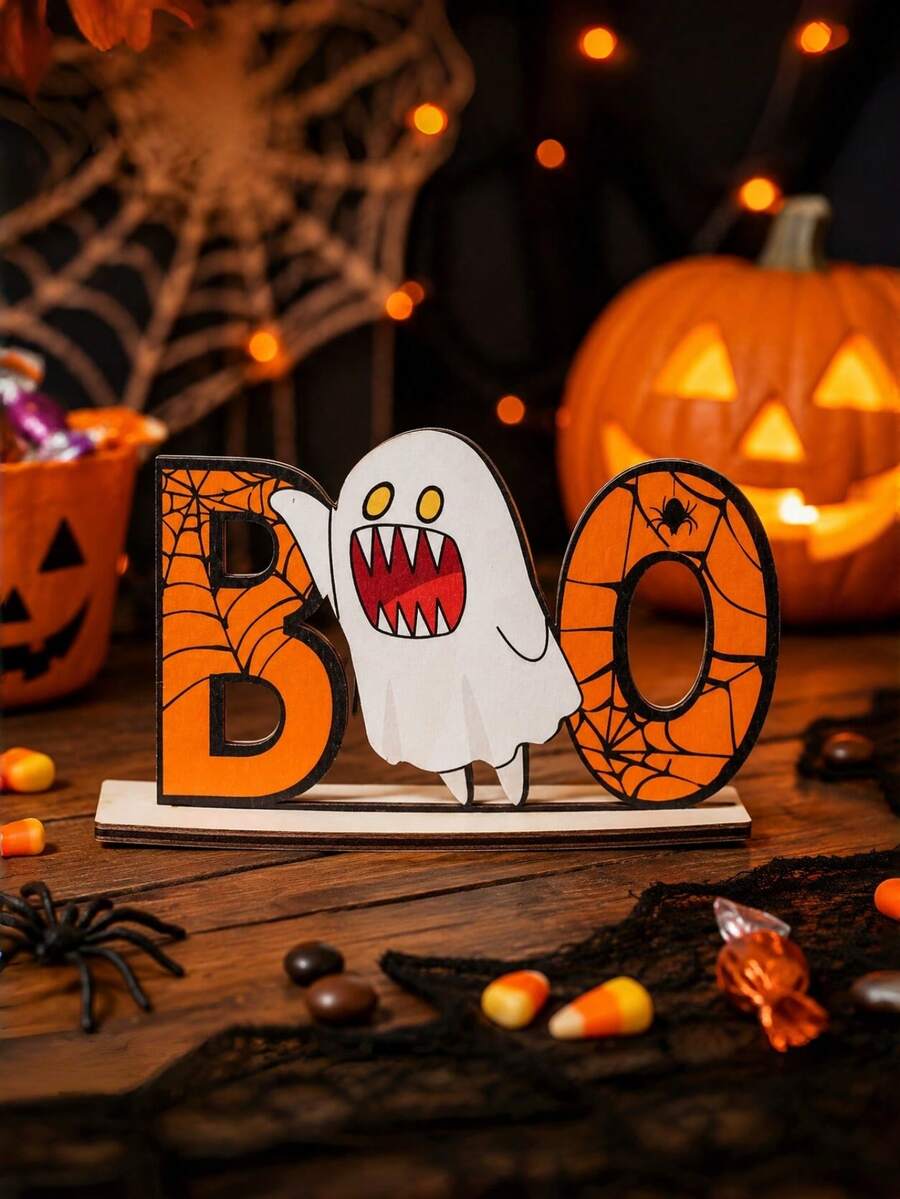 Halloween Tischdekoration: Cartoon Geist und Kürbis 3D Holzdisplay-Geisterfestival Heim-Esszimmertisch Ornament Cartoon Hexenhut, Geist und Kürbis Holz Tischdekoration-Halloween Dekoration mit "BOO" Buchstaben Holzschild - Halloween-Dekoration BOO Holzschild Tischaufsteller - Übersicht 1