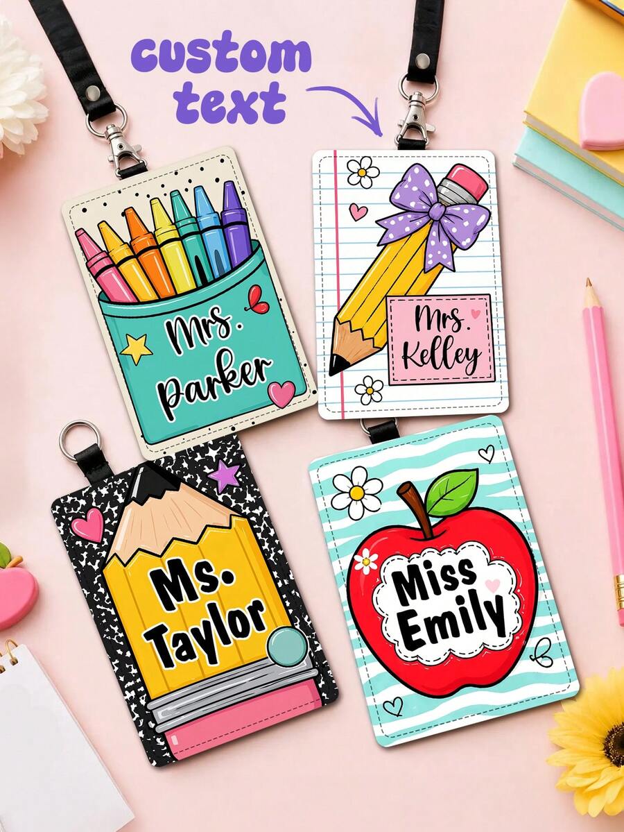 1pc Custom Teacher Name ID Card Cover,Pencil Apple Crayon Pattern ,Teacher Appreciation Gift,Back To School,Work Name Tag,School Supplies,Trip Tag - Multicolor - View 1