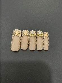 12pcs French Style Press-On Nails, Rectangular, Decorated With Large 3D Gold Rhinestones, XXL/XXXL Size, Metal Ornament Design, Luxury Y2K Style, Smooth Surface, Full Coverage, Suitable For Women And Girls Daily Wear - Multicolor - View 5