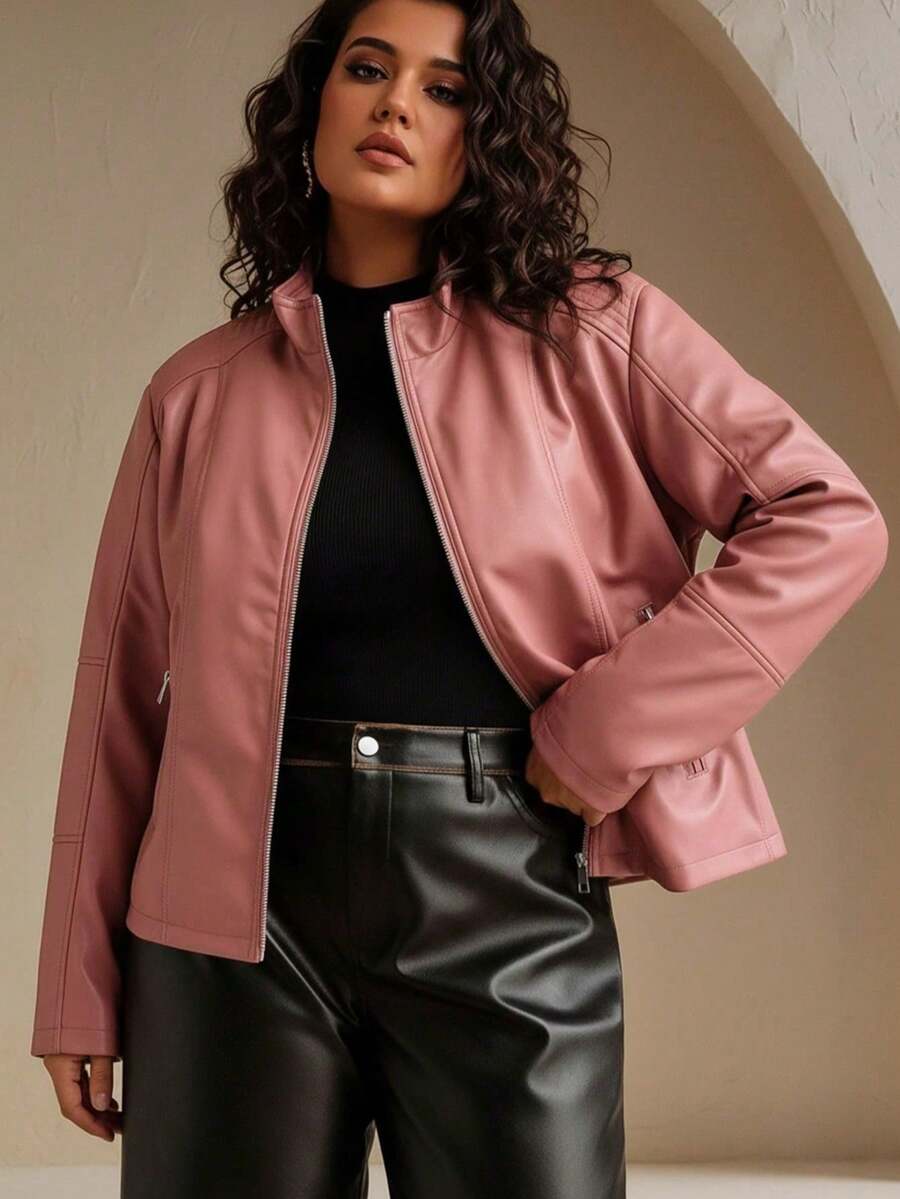 Giolshon 女款大尺碼休閒時尚機車夾克,適合通勤與街頭攝影,秋冬人造皮革夾克 春季 - 粉色 - 查看 1