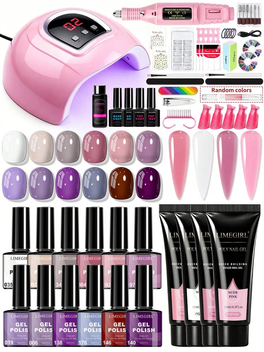 LIMEGIRL 凝膠指甲油套裝附USB UV LED美甲燈與美甲鑽機,USB UV LED美甲固化燈凝膠指甲油套裝,熱門Poly Gel美甲套裝,含頂層與底層塗料,專業凝膠美甲套裝,女性DIY居家禮物 - 彩色 - 查看 1
