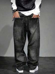 Y2K Retro Stil Herren Hell Waschung Locker Weite Beine Lässig Jeans, Perfektes Geschenk für Ehemann oder Freund - Schwarz - Übersicht 3