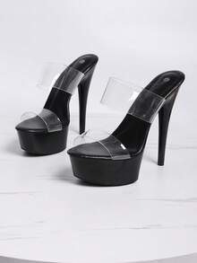 Transparent Strap Solid Color Nightclub Style PVC Buckle Rhinestone 2026 High Heel Shoes Party Summer - Black - View 4