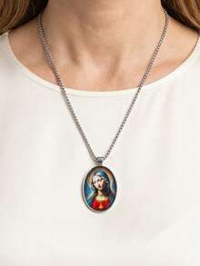 Religious Virgin Mary Pendant Necklace, Stainless Steel Oval Printed Virgin Mary Medal Box Chain, Christian Faith Jewelry, Gift For Women And Girls - Silver - View 10