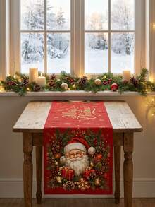 1pc Santa Claus Merry Christmas Printed Table Runner, Red Holiday Tablecloth, Suitable For Dining Table, Desk, Fireplace, Living Room And Christmas Home Decor - Red - View 5