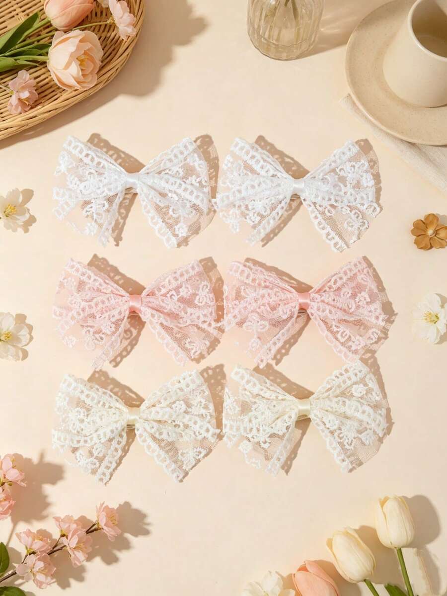 6pcs Multi-Color Baby Hair Clips Lace Bow Design Suitable For All Seasons Perfect Gift Choice For Photography - Multicolor - View 1