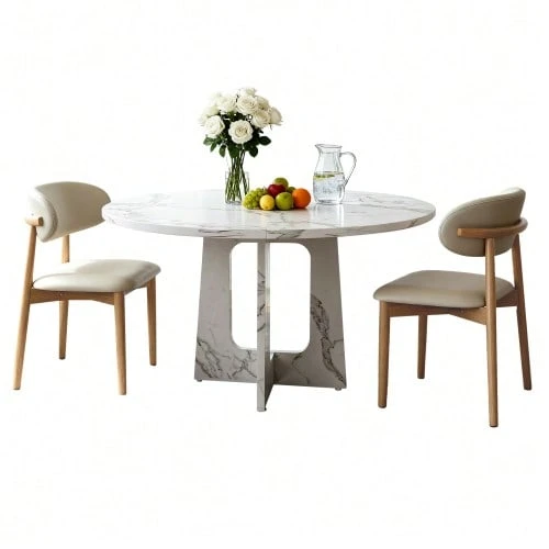 Modular Round Dining Table Set Consisting Of 1 Dining Table And 2 Dining Chairs, MDF Table With White Marble Effect, Dining Chairs With Oak Legs For Dining Room And Living Area - 白色 - 查看 1