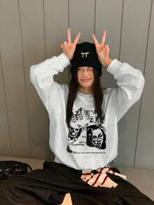 American Vintage Portrait Letter Print Lazy Crew Neck Sweatshirt For Women, Autumn/Winter Casual Versatile Unique Top - Gray - View 2