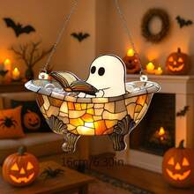 Decoração de Janela Acrílica Pendurada para Banheiro 2D 1 Peça Fantasma Fofo Lendo Livro | Fantasma na Banheira Apanhador de Sol, Presente para Amantes de Livros na Temporada Assustadora de Halloween - Multicolorido - Visão 2