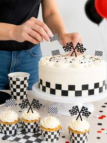 44pcs-Checkered Racing Glitter Double Flag And Checkered Cupcake Toppers; Black Glitter Racing Finish Line Checkered Flag Cupcake Toppers, Checkered Racing Flag Toothpicks, Suitable For Racing Flag Theme Baptism Party Cup Decoration, Racing Birthday Party Decoration, Sports Theme Event Checkered Flag Decoration - Multicolor - View 3