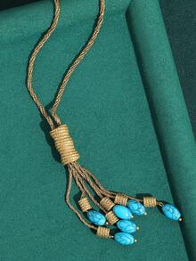 Vintage Copper Plated 18K Gold Bohemian Teardrop Pink Faux Crystal Turquoise Blue Pendant Rope Chain Necklace & Earrings Jewelry Set - Bronze - View 4