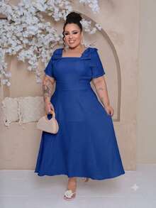 Women's Midi Plus Size Lined Dress With Square Neckline, Short Sleeves, Shoulder Bow, Padded Cups, And Elastic Back In Duna Linen - Elegant Party Dress - 寶藍色 - 查看 5