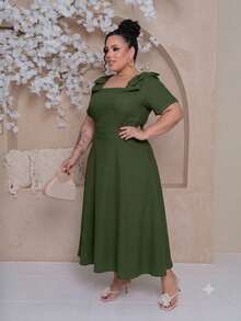 Women's Midi Plus Size Lined Dress With Square Neckline, Short Sleeves, Shoulder Bow, Padded Cups, And Elastic Back In Duna Linen - Elegant Party Dress - 軍綠色 - 查看 2