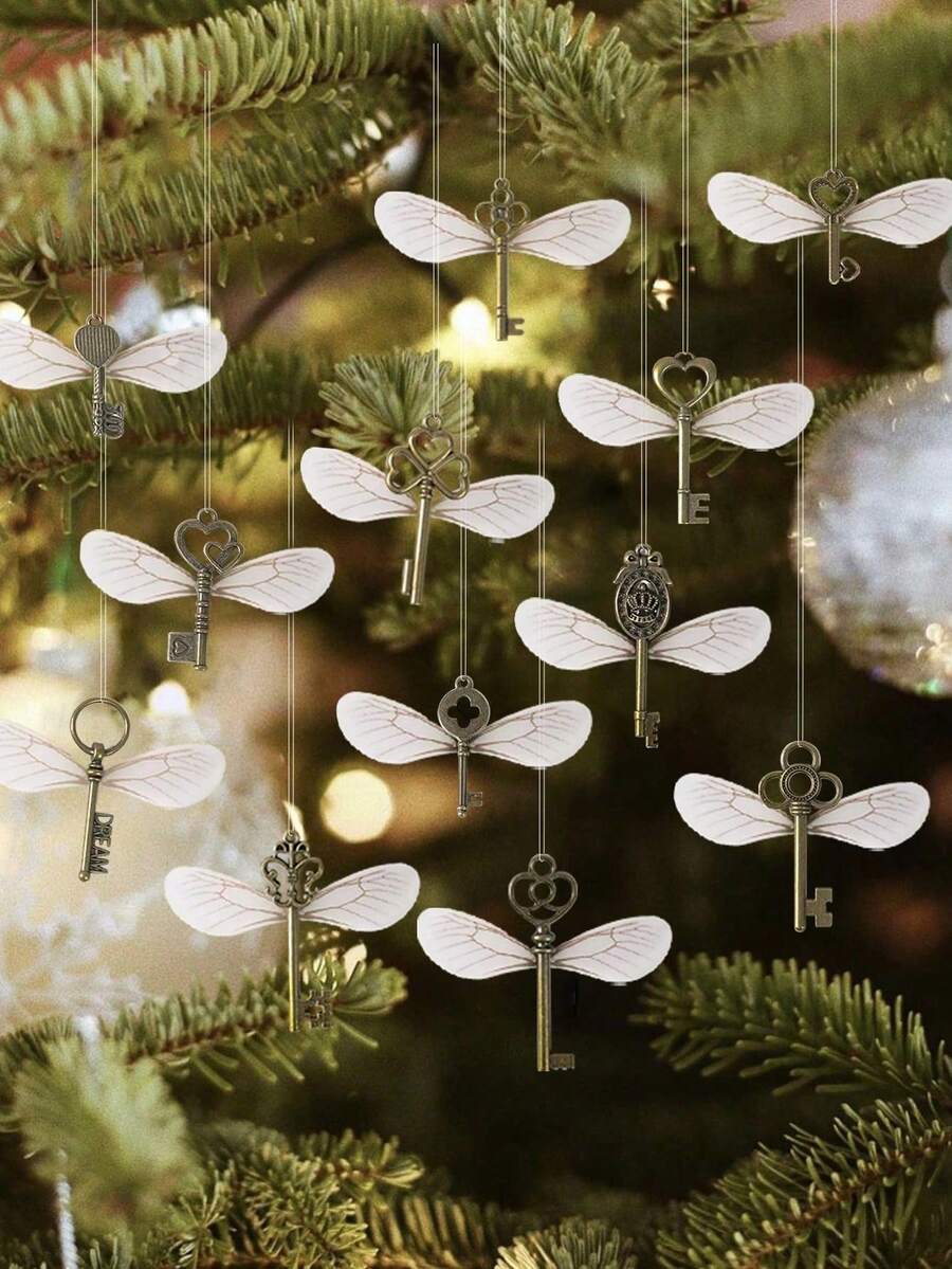 17/1pc Vintage Frame Key Pendant With 30 Pairs Dragonfly Wings, Christmas Tree Ornament, Christmas Home Decor, Holiday Decoration, Wedding Decor, Suitable For DIY Jewelry Making, Wedding Party Gifts, Indoor Decoration, Party Decoration Pendant, Birthday Gift, Christmas Home Decor, Holiday Outdoor Decoration - Multicolor - View 1