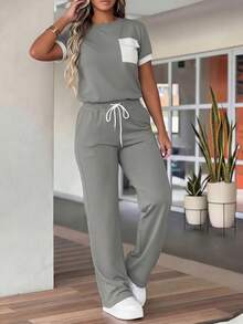 Women's Spring/Summer New Round Neck Short Sleeve T-Shirt And Casual Daily Elastic Waist Loose Long Pants 2-Piece Set, Fashionable Contrast Color Pocket Casual Home Sports Leisure Outfit - Grey - View 5