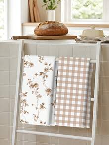 2pcs Vintage Brown Plaid Rose Pattern Kitchen Towels, Soft Polyester Dish Cloths, Suitable For Kitchen Decor, Kitchen Cleaning, Holiday Party Decoration, Kitchen & Bathroom Supplies, Home Essentials, Home Decor, Housewarming Gift - Multicolor - View 6