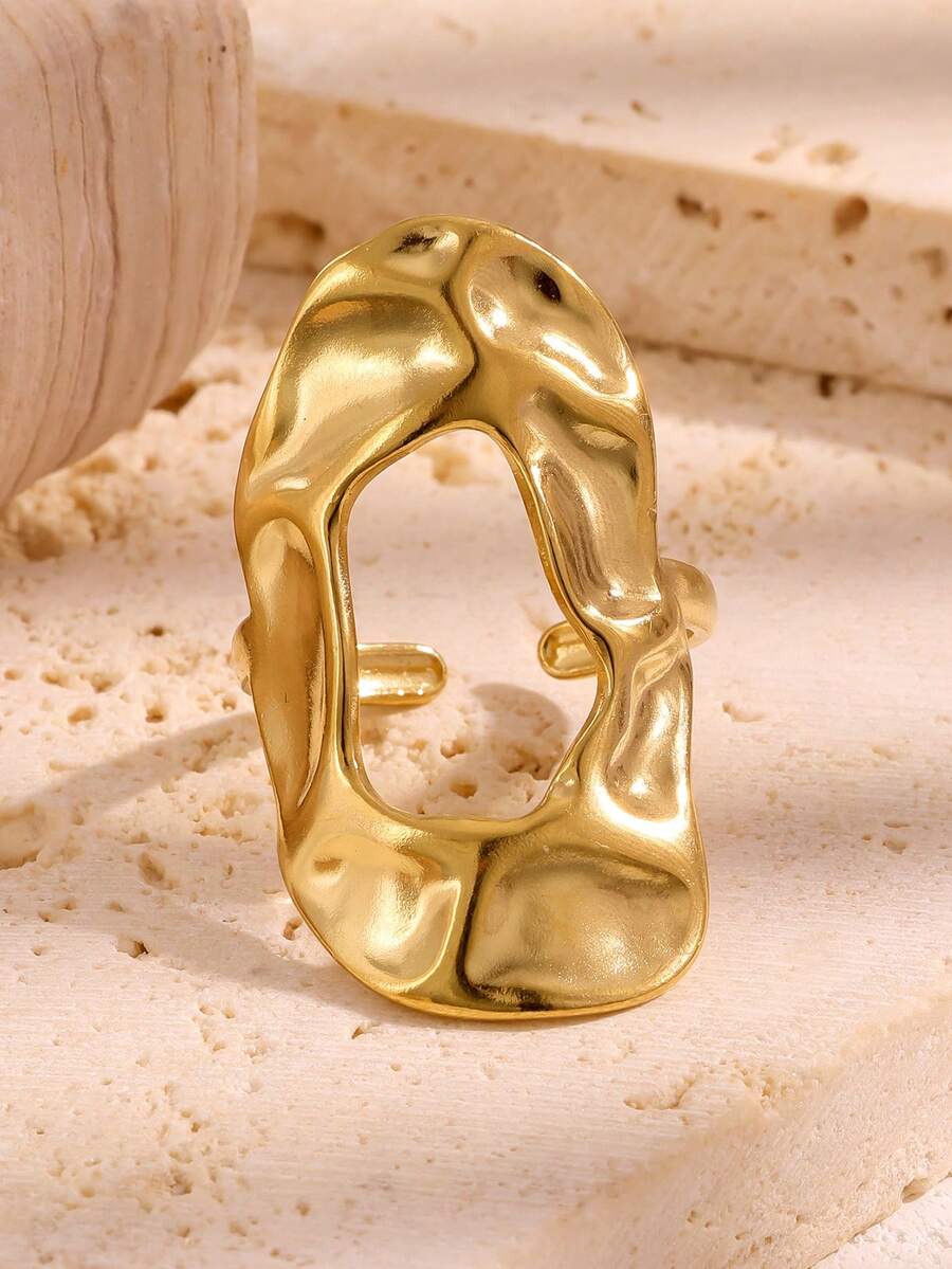 1PC Fashion Round Hollow Textured Stainless Steel Ring, Non-Fading Elegant Jewelry, Suitable For Daily Wear And Gifting