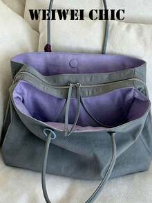 Tas Tote Serut Warna Ungu Muda, Tas Bahu Kapasitas Besar dari Nilon Lembut Tahan Kerut dengan Penutup Kancing Jepret, Tas Belanja Harian - Grey - View 4