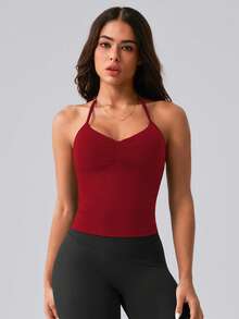 NcmRyu 1pc Women Halter Neck Elastic Ribbed Ruched Sports Camisole - Red - View 8