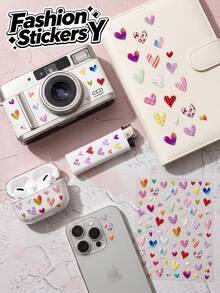 1 Set INS Sweet & Cool Colorful Heart Decorative Stickers, Striped, Leopard Print, Gradient Mini Heart Combination Rich Patterns, Macaron Color-Block Fresh Versatile, Suitable For Digital Shells, Office Supplies, Storage Box Decoration - Colorful Hearts - View 1