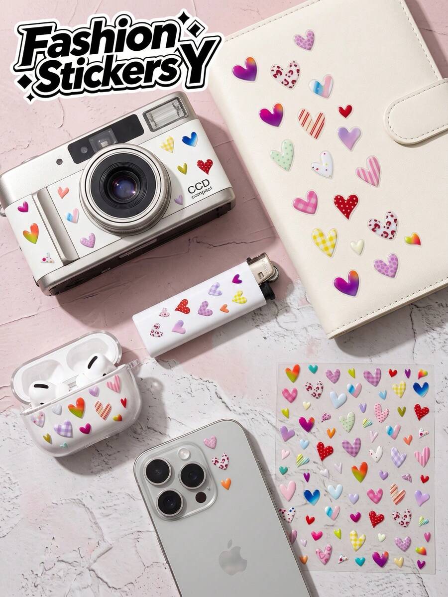 1 Set INS Sweet & Cool Colorful Heart Decorative Stickers, Striped, Leopard Print, Gradient Mini Heart Combination Rich Patterns, Macaron Color-Block Fresh Versatile, Suitable For Digital Shells, Office Supplies, Storage Box Decoration - Colorful Hearts - View 1