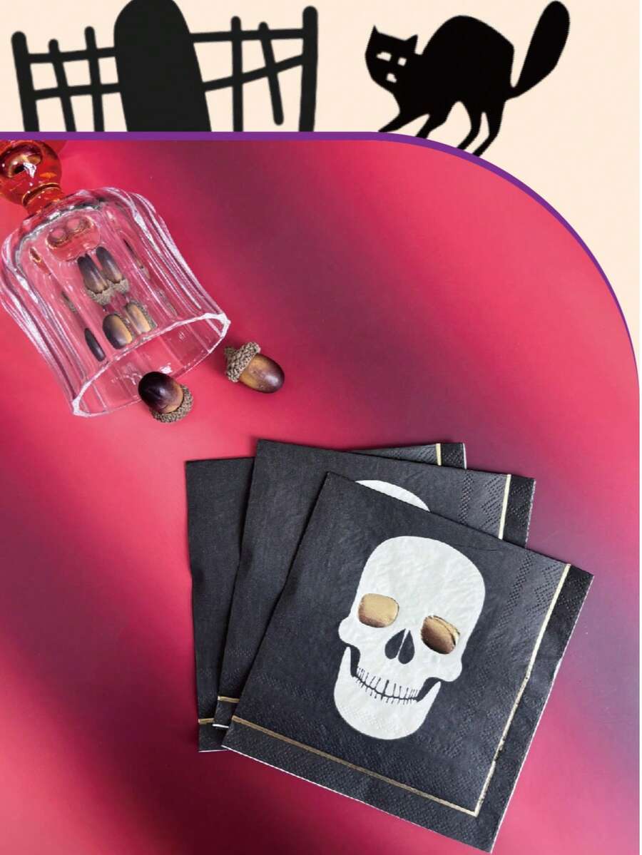 Halloween Cocktail Napkins, Skull Pattern Disposable Paper Napkins, Suitable For Birthday, Baby Shower Party Supplies, Table Decor - Tissue - View 1