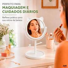 Espelho de Mesa para Maquiagem Flor ou Gatinho com Bandeja Organizadora para Joias - branco&gatinho - Visão 4