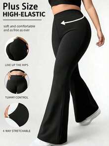 Plus Size Women's High Waist Flare Yoga Pants, Elegant Slimming Waist-Cinched Fashion Flare Leggings, Elastic Fabric, Soft And Non-Sheer Black - Black - View 1