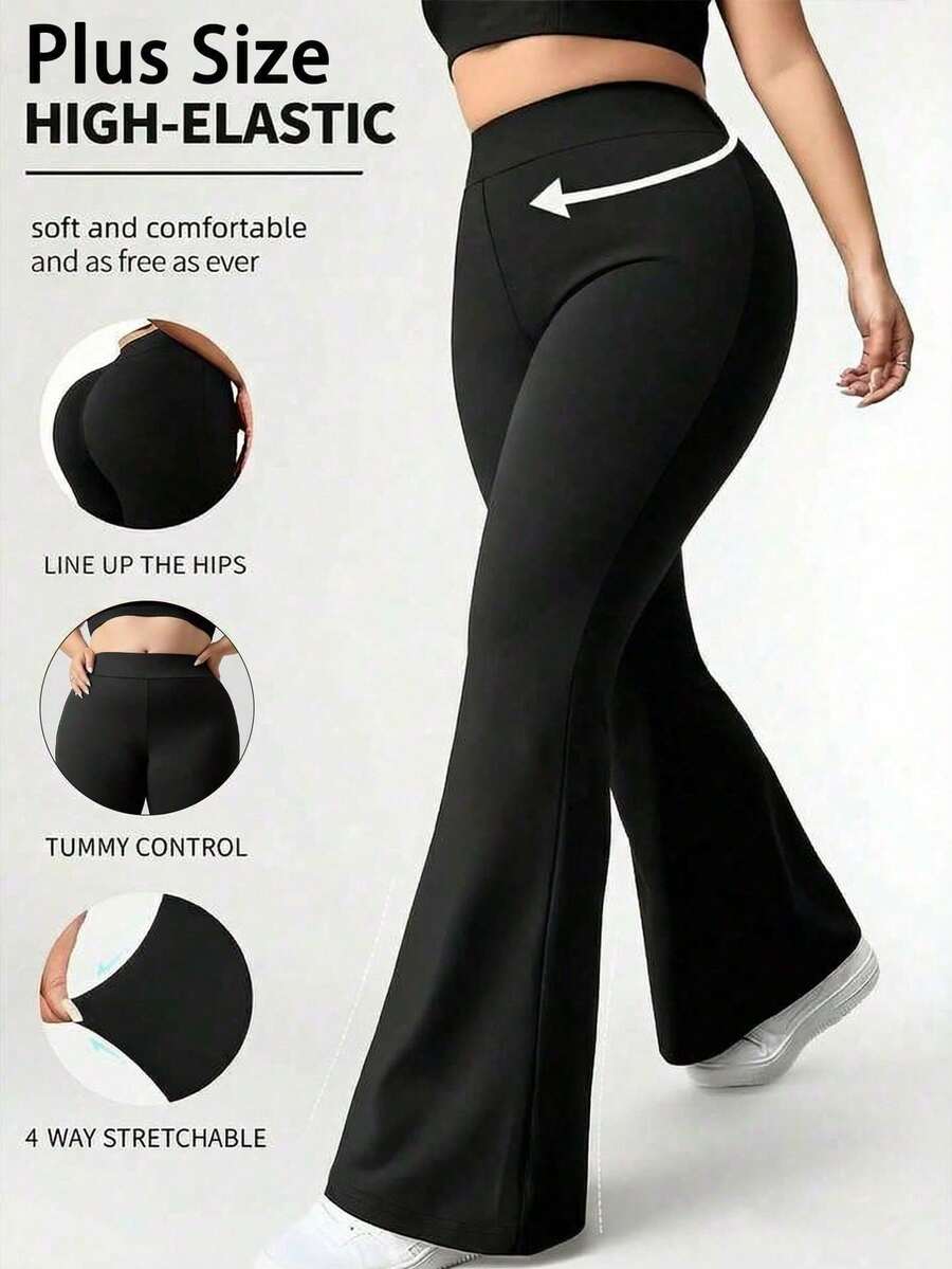 Plus Size Women's High Waist Flare Yoga Pants, Elegant Slimming Waist-Cinched Fashion Flare Leggings, Elastic Fabric, Soft And Non-Sheer Black - Black - View 1