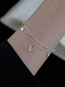 1pc Forest Style Small Fresh And Sweet Double-Layered Star And Moon Bracelet For Women Dating Daily Gift - Silver - View 8