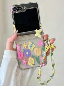 3D Butterfly Colorful Floral Print Graffiti Pattern Phone Case, Compatible With Samsung Galaxy ZFlip 8 Z Z Flip 6 Z Flip 5 Z Flip 4 3 5G, Hinge Protection Case, With Bowknot Random Beaded Bracelet - Flowers - View 1