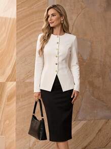 Glazenia Slim Fit Knitted Blazer, Round Neck Gold Button Long Sleeve Cardigan, Elegant Knitwear White - White - View 1