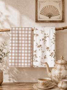 2pcs Vintage Brown Plaid Rose Pattern Kitchen Towels, Soft Polyester Dish Cloths, Suitable For Kitchen Decor, Kitchen Cleaning, Holiday Party Decoration, Kitchen & Bathroom Supplies, Home Essentials, Home Decor, Housewarming Gift - Multicolor - View 1