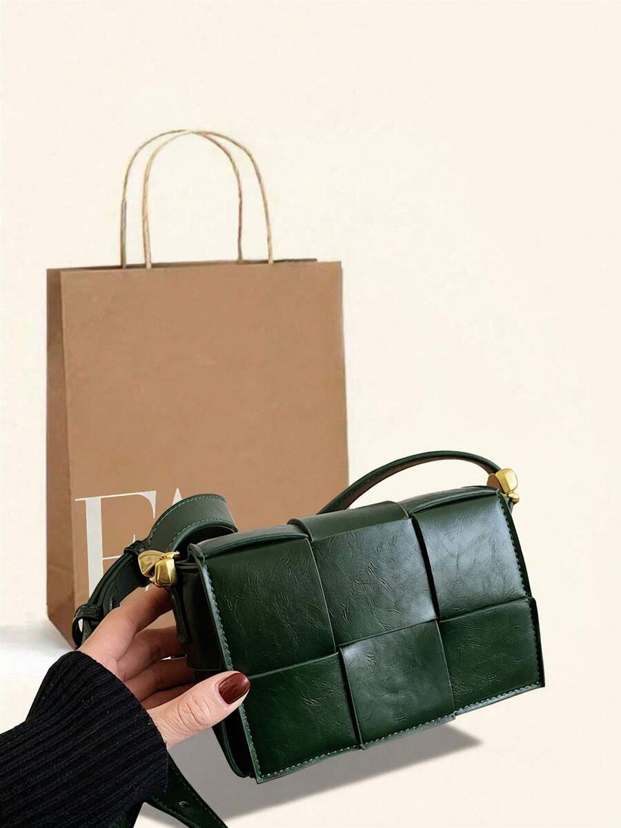 1pc Green Woven Square Minimalist Fashion Women Shoulder Bag,Vintage Style Crossbody Bag, Suitable For Daily Use, Bag For Women Elegant - Green - View 1