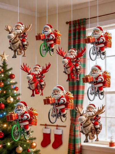 1/8/12pcs Wooden Christmas Tree Santa Claus Riding Bicycle Reindeer Hanging Ornaments, Wooden Flat Santa Claus Riding Bicycle Gift Cart Christmas Tree Wooden Hanging Ornaments, Christmas Reindeer Santa Claus Flat Christmas Gift Hanging Ornaments