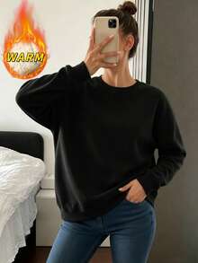 Women's Warm Thick Long Sleeve Crew Neck Pullover Sweatshirt, Regular Fit Ribbed Knit, Comfortable Choice For Autumn/Winter - Black - View 1