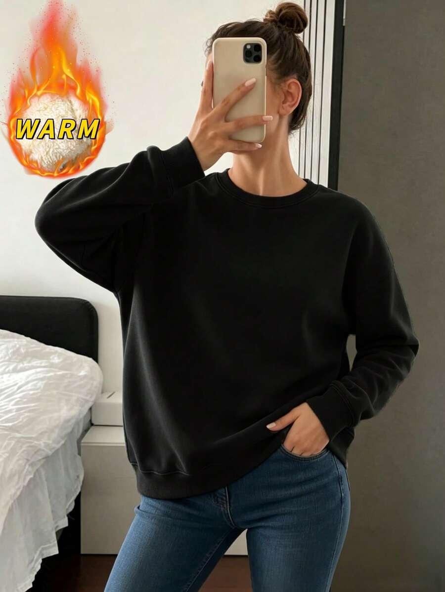Women's Warm Thick Long Sleeve Crew Neck Pullover Sweatshirt, Regular Fit Ribbed Knit, Comfortable Choice For Autumn/Winter - Black - View 1