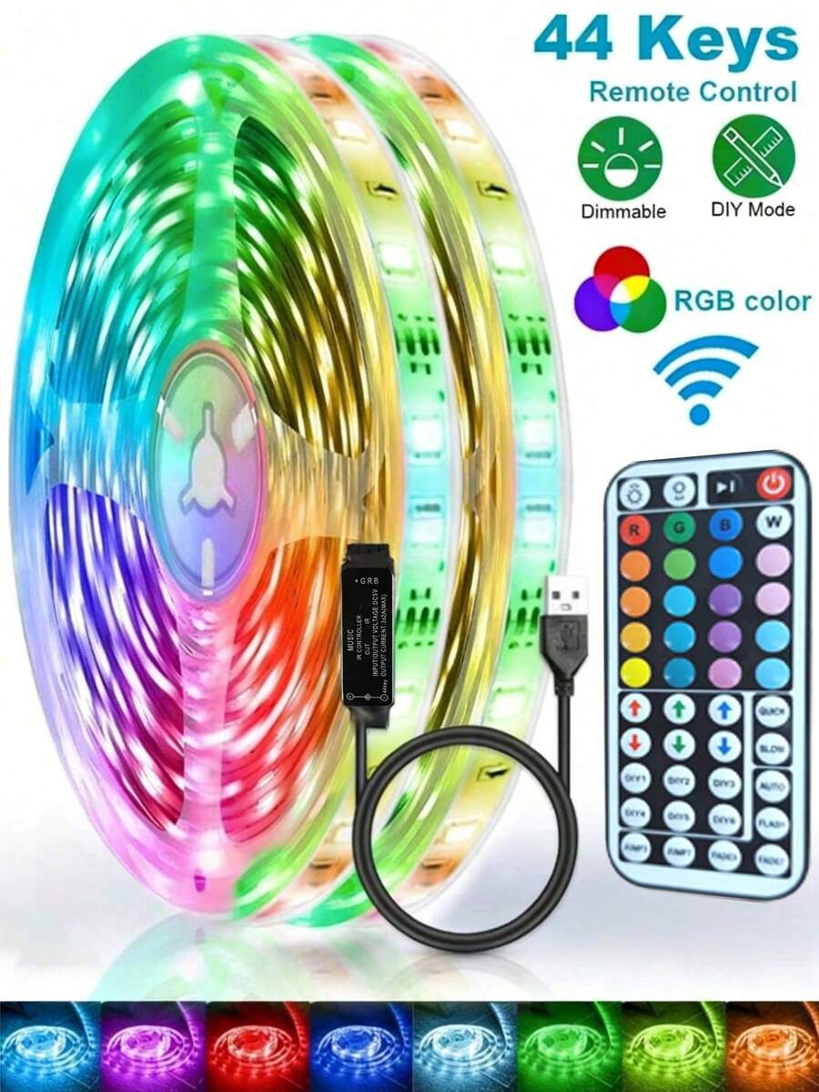 1 قطعة شريط إضاءة LED ذكي، جهاز تحكم عن بعد ب- 44 مفتاح، قابل للتعديل متعدد الألوان، مناسب لغرفة النوم وغرفة المعيشة وديكور المنزل وحفلات الغرف، يعمل بطاقة USB، ديكور العطلات، إضاءة أجواء البار، شريط LED مع جهاز تحكم عن بعد، أضواء RGB، قابل لتعديل الألوان، ظهر لاصق ذاتي، قابل للتطبيق على ديكور الغرفة/المطبخ/السقف/الألعاب/الحفلات (البطاريات غير مشمولة)