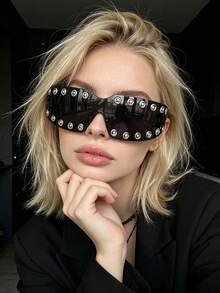 1pc European & American Fashion Oversized Full-Frame Futuristic Cyberpunk Rimless Concave Style Women's Glasses - Bright Black Gray Film - View 1
