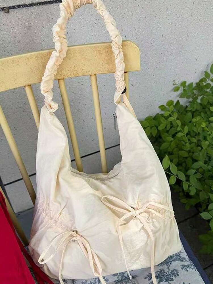 Back To School Season Korean Style Ins Niche Design Versatile Suitable For College Students Shoulder Bag Women Artistic Shopping Bag Slouchy Bow Knot Fresh Student Class Canvas Bag Commuter Bag - Apricot - View 3