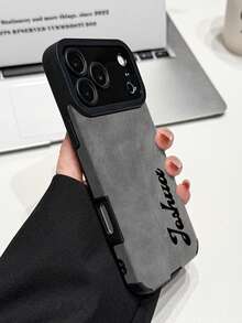 1pc DIY Vintage Vertical Name Customized Grey Suede Texture Phone Case Compatible With Apple Duo/18ProMax/17ProMax/16Pro/15/14Plus/13Pro/12ProMax/11/XsMax/7P/XS/XR And Phone Accessories, Men's Business Minimalist Full Coverage Anti-Drop Faux Leather Protective Cover - Black - View 3