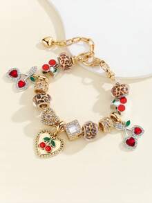 Set Vintage Dulce y Cool de Creación de Pulseras DIY con Estampado de Cereza & Leopardo, con Cadena de Extensión, Colgante de Cereza en Forma de Corazón, Cuentas Espaciadoras de Cristal y Dijes, Regalo de Joyería - Multicolor - Ver 4
