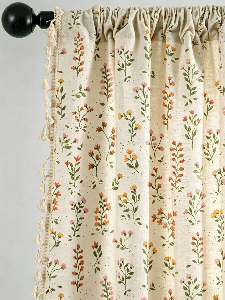 1pc Floral Print With Broom Tassel Trim Linen Material Modern Linen Gauze Curtain - Japanese Linen Style, Rod Pocket Design, Suitable For Living Room And Bedroom - Transparent And Light Filtering Curtain, Living Room Curtain, Bedroom Curtain (Tie Backs Not Included) - Multicolor - View 1