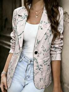 Blazer Wanita Lengan Panjang Motif Bunga dengan Kerah Terbuka, Jaket Depan Terbuka dengan Kantong Samping, Pakaian Luar Elegan untuk Kantor & Sehari-hari, Musim Semi, Musim Panas, Musim Gugur, Musim Dingin - Aprikot - View 9