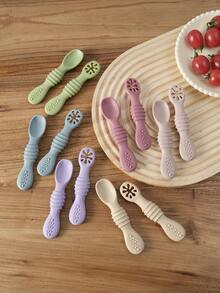 2PCS Solid Color Mini Silicone Baby Cutlery Set Easy Grip Self Feeding Spoon Utensils Easy To Clean Tableware Infant Dining Food Accessories - Multicolor - View 2